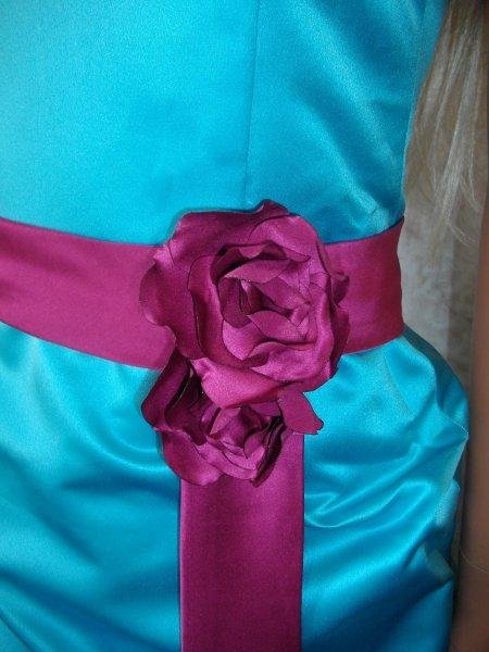 Pool blue dress with Fushia sash
